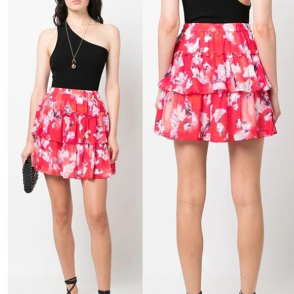 IRO Paris Andri Abstract Pull On High Rise Tiered Mini Skirt Red Women's 36 / 4 - Picture 1 of 5
